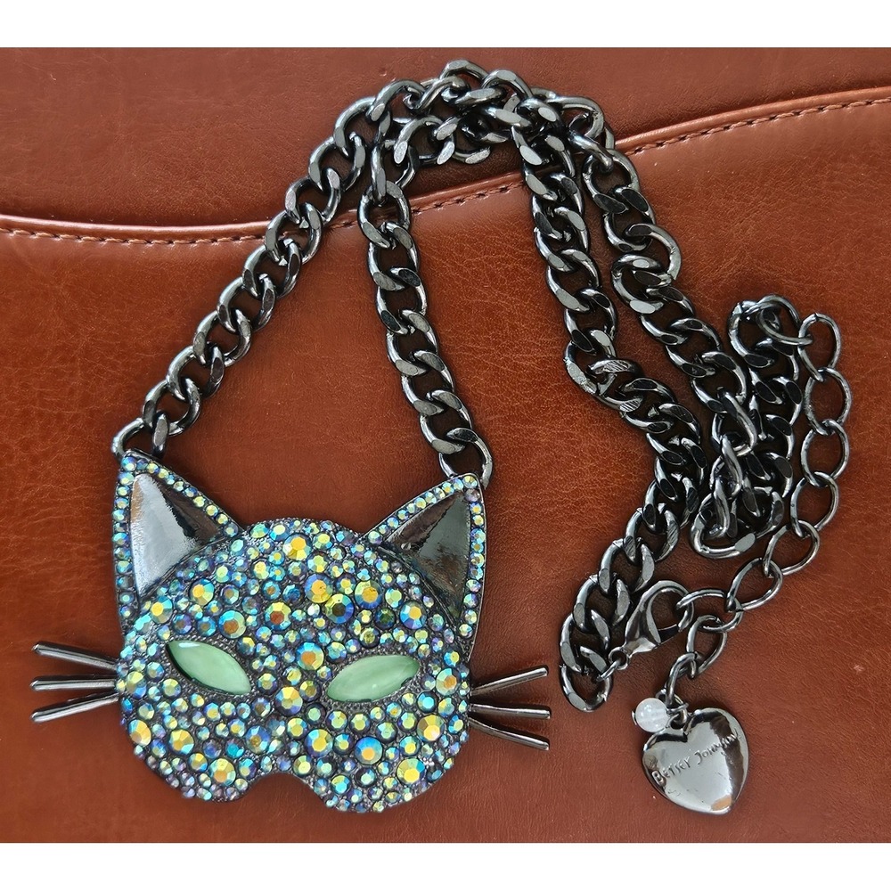 Betsey Johnson Black Cat AB Rhinestone Statement Necklace Green Eyes Gothic